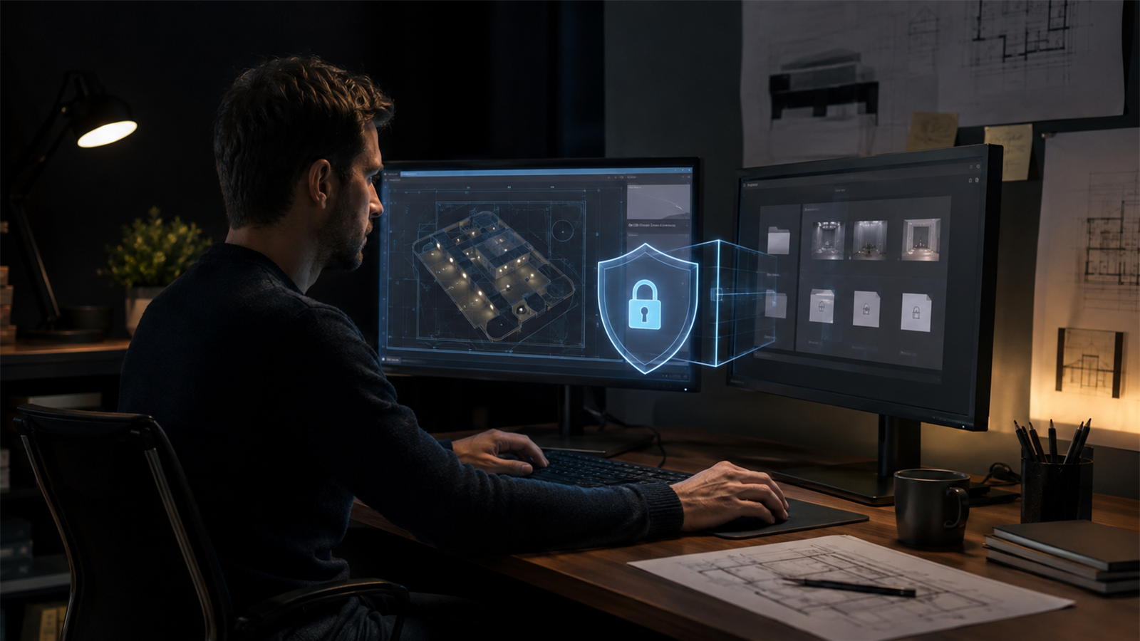 Remote DIALux freelancer pausing at a protected confidentiality gate before opening project files