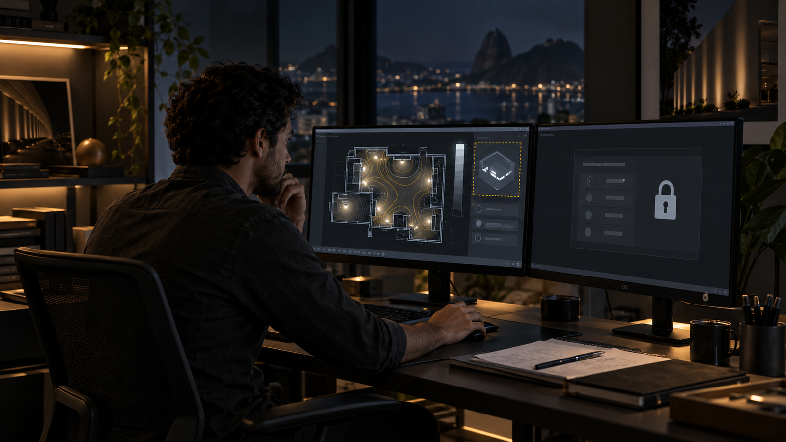 DIALux freelancer in Brazil reviewing a photometric plan and a protected locked project record at a dark remote workstation