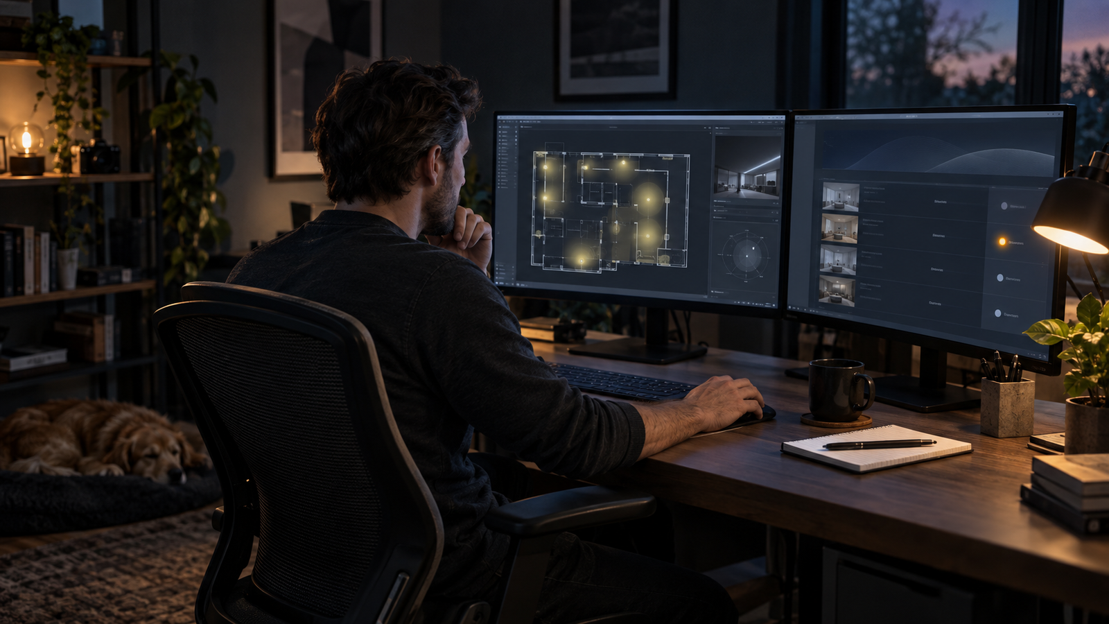 Remote DIALux specialist reviewing a lighting plan and an abstract opportunity board at a dark workstation
