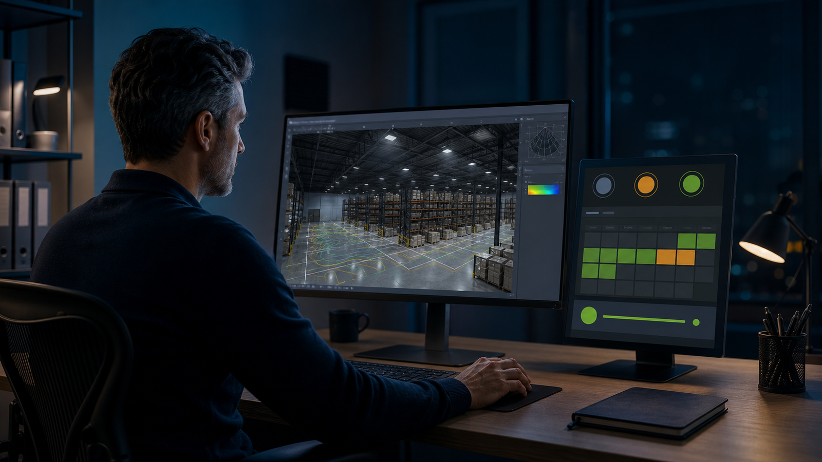 Remote DIALux freelancer reviewing an availability schedule and a compatible lighting calculation opportunity at a technical workstation