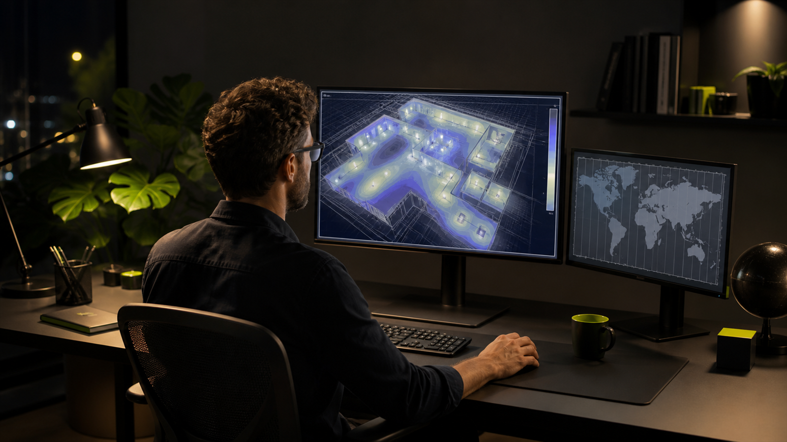 Remote DIALux freelancer reviewing a lighting calculation plan and worldwide work map at a technical workstation