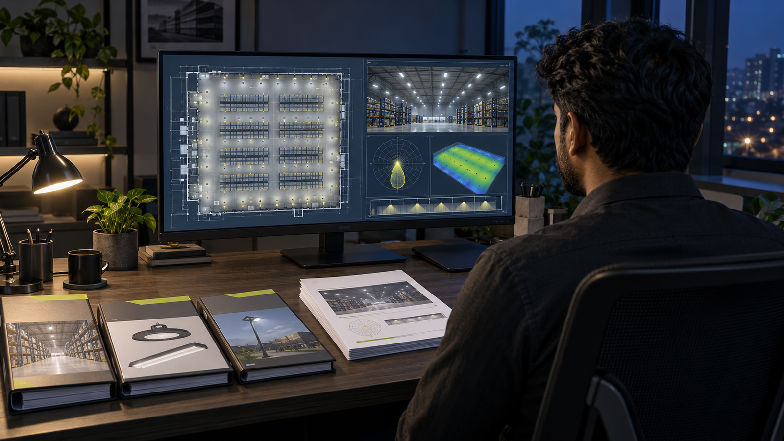 Remote DIALux specialist reviewing a photometric plan and an organised complete project package at a dark technical workstation