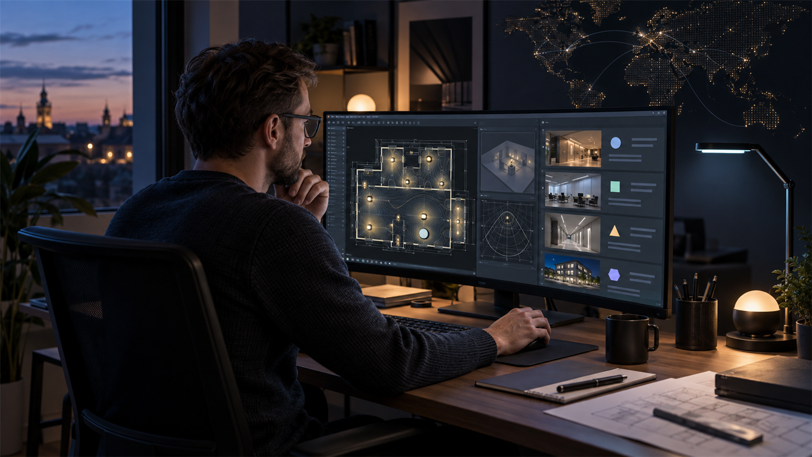 Poland-based remote DIALux freelancer reviewing matched lighting-calculation opportunities at a technical workstation