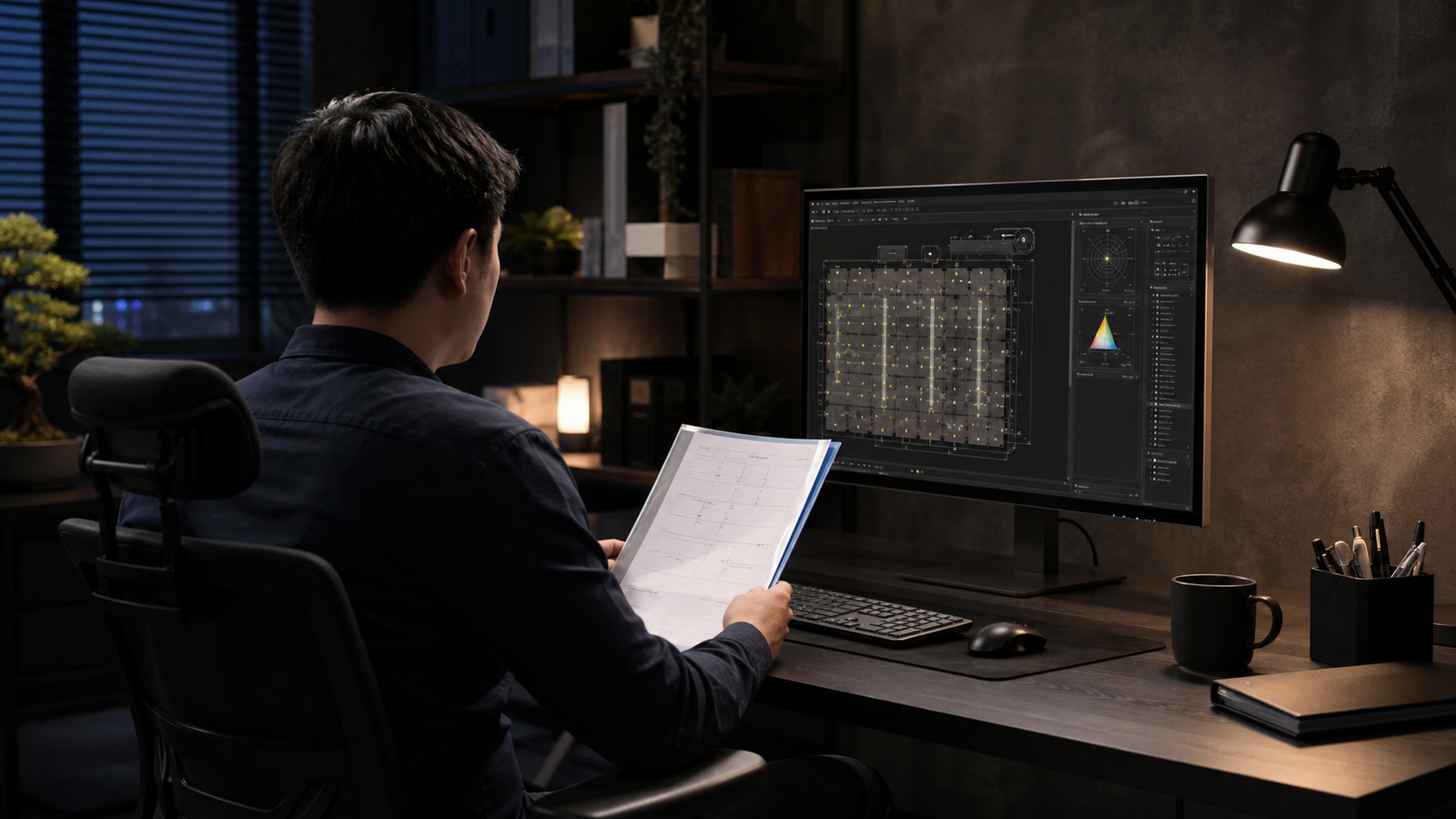 Remote DIALux freelancer comparing a protected project brief with a warehouse lighting model before sending a structured scope clarification