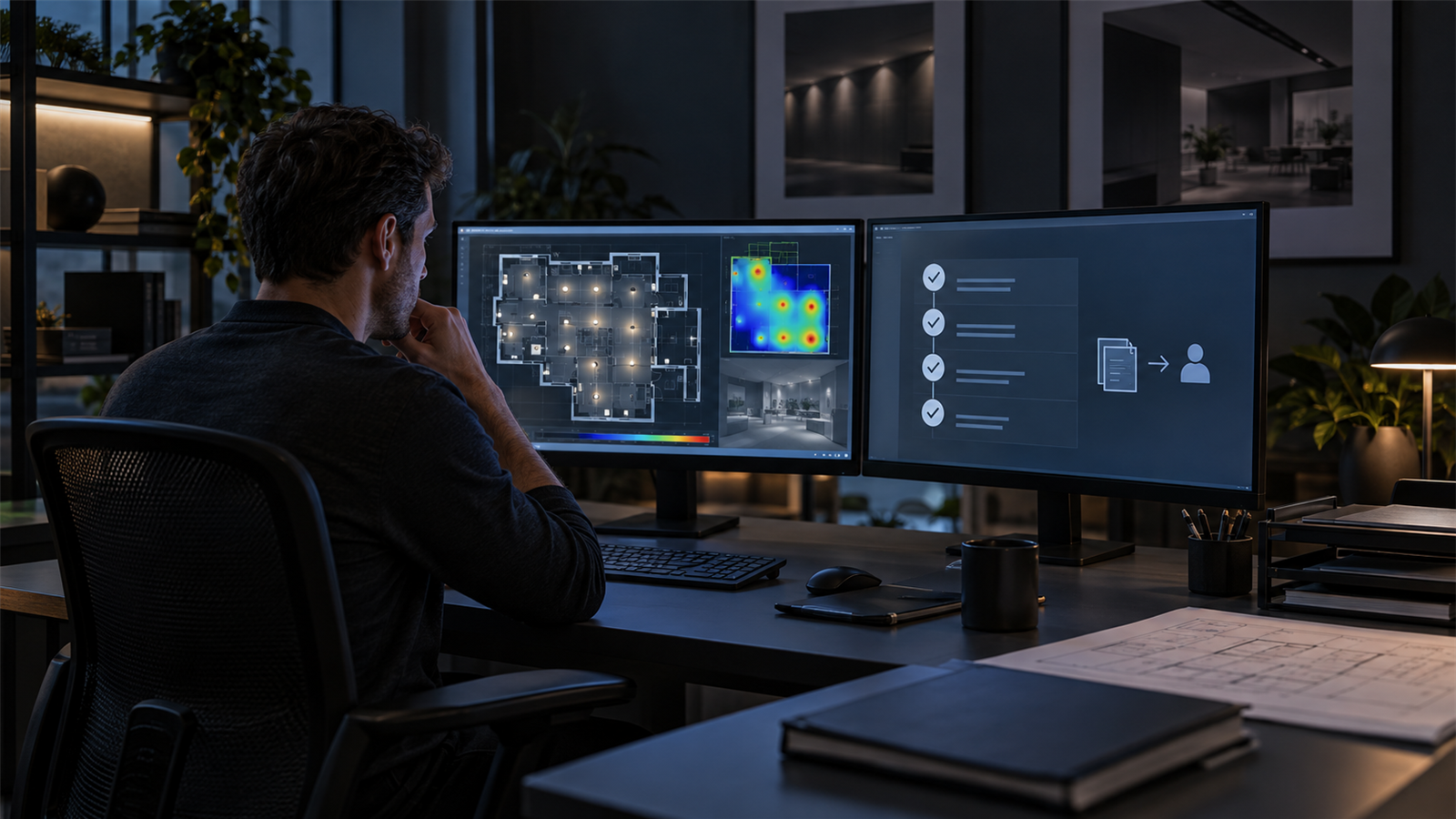 Ireland-based remote DIALux freelancer reviewing a completed lighting calculation, deliverable checklist and protected customer evaluation workflow