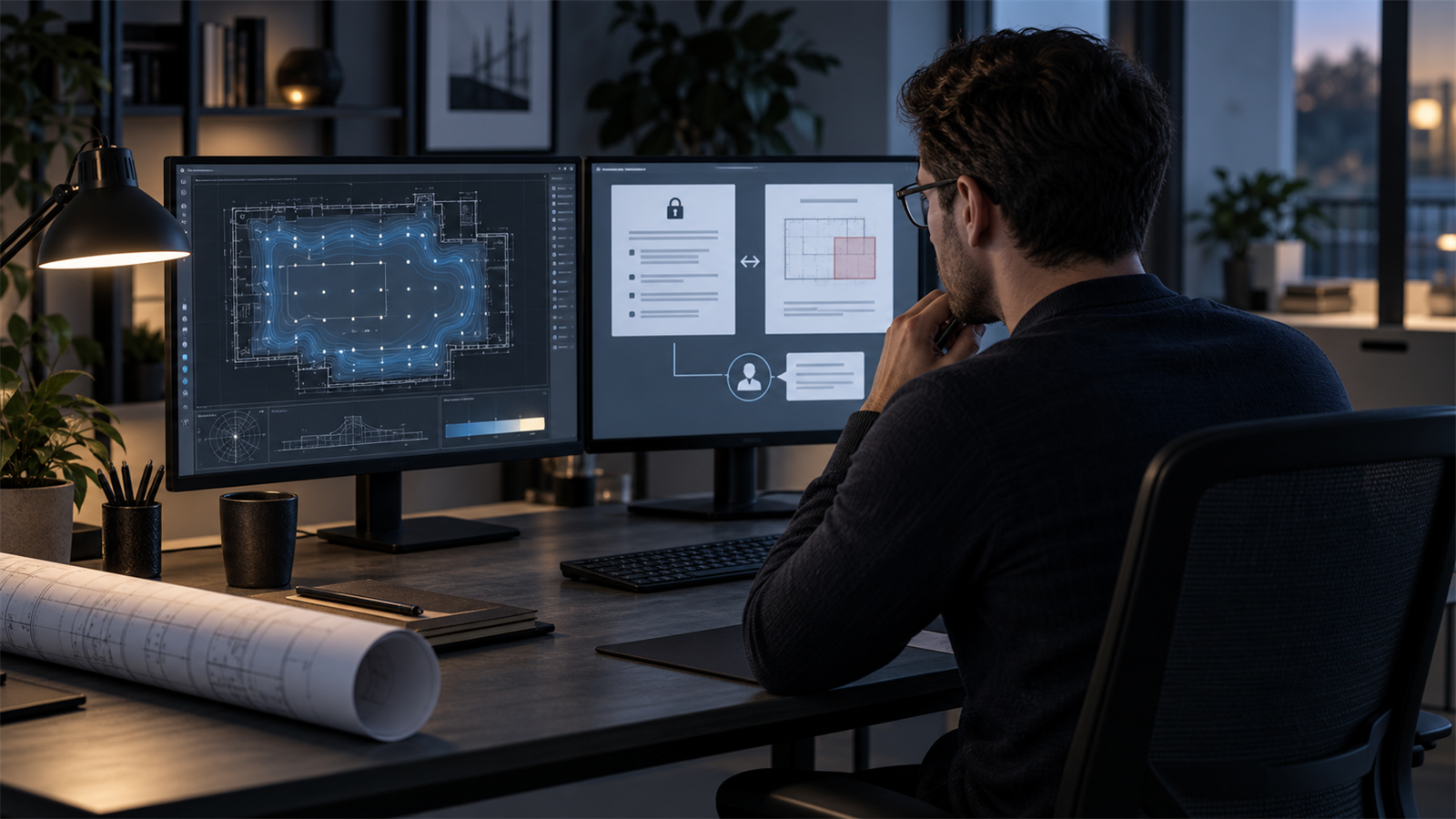 France-based remote DIALux freelancer comparing a locked project brief with a conflicting lighting plan before a supervised scope review