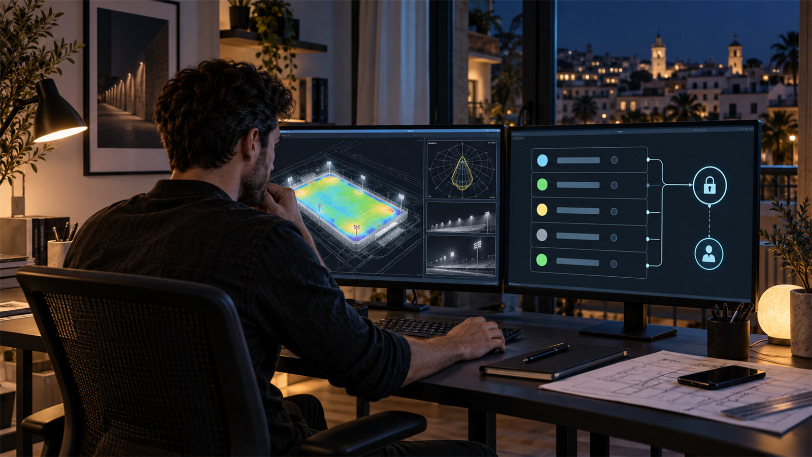 Spain-based remote DIALux freelancer reviewing an abstract project ledger and protected external payout workflow at a technical workstation