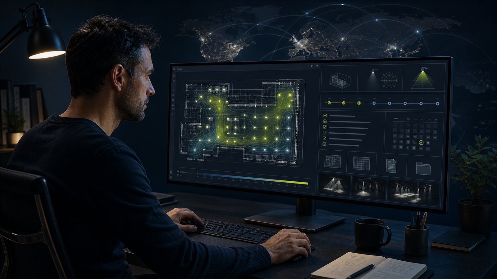 Remote DIALux freelancer checking a photometric plan, project brief, deliverables and deadline before accepting a lighting calculation project
