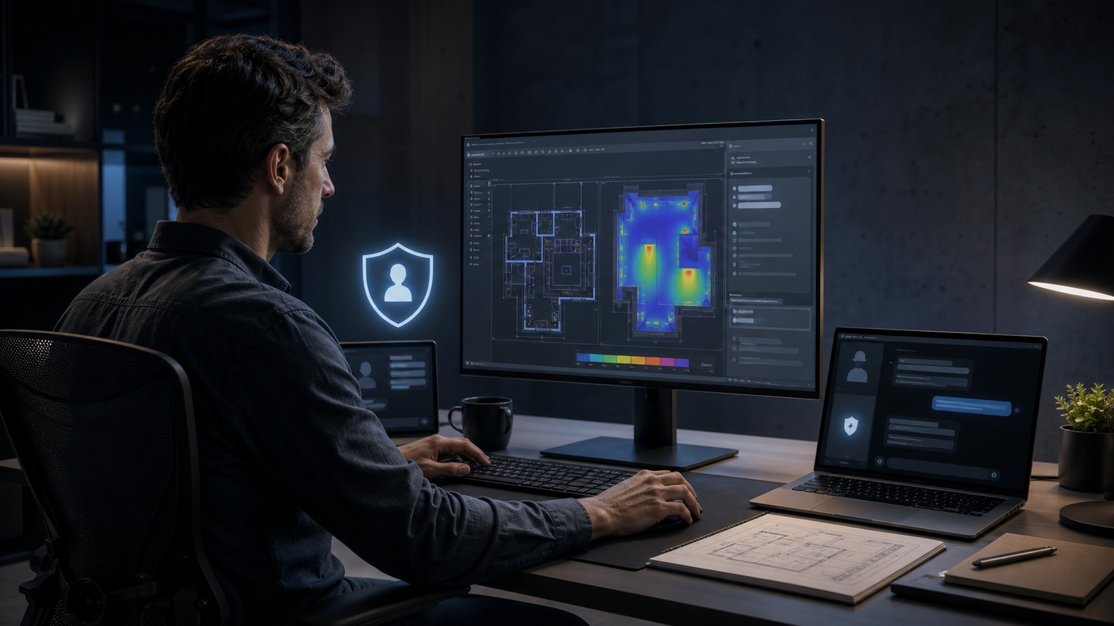 Remote DIALux freelancer reviewing a photometric plan inside a protected private project workspace