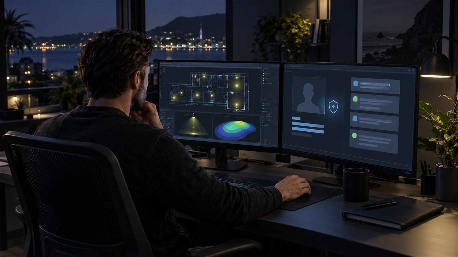 New Zealand-based remote DIALux freelancer reviewing a photometric plan and an anonymous privacy-protected proposal assessment at a dark technical workstation