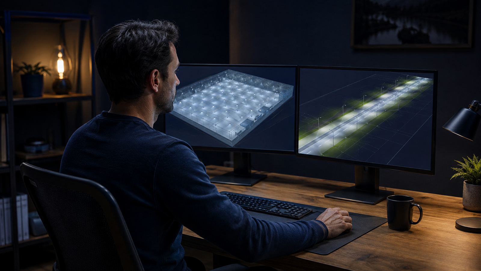 Remote DIALux freelancer reviewing verified skills and project matching information at a technical lighting workstation