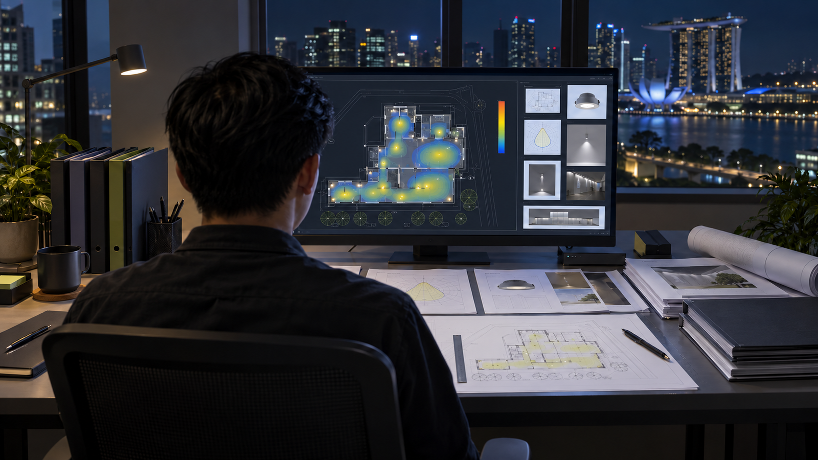 Remote DIALux specialist reviewing grouped drawings and photometric inputs at a dark professional workstation