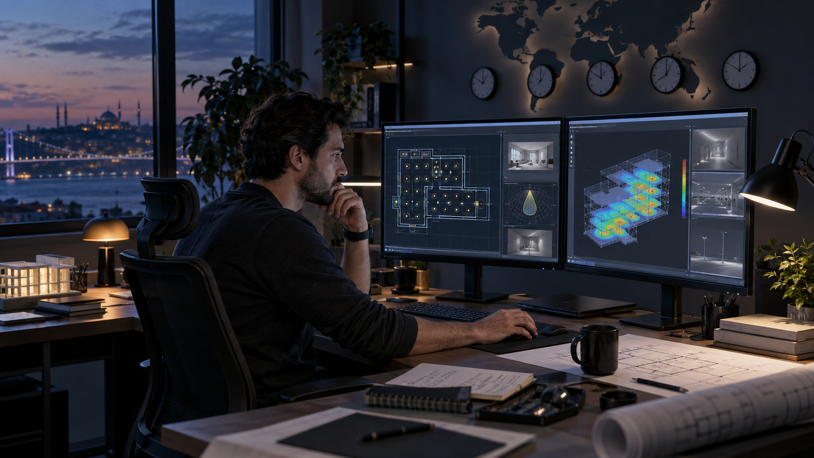 Turkey-based remote DIALux freelancer screening a structured lighting-calculation project preview before responding