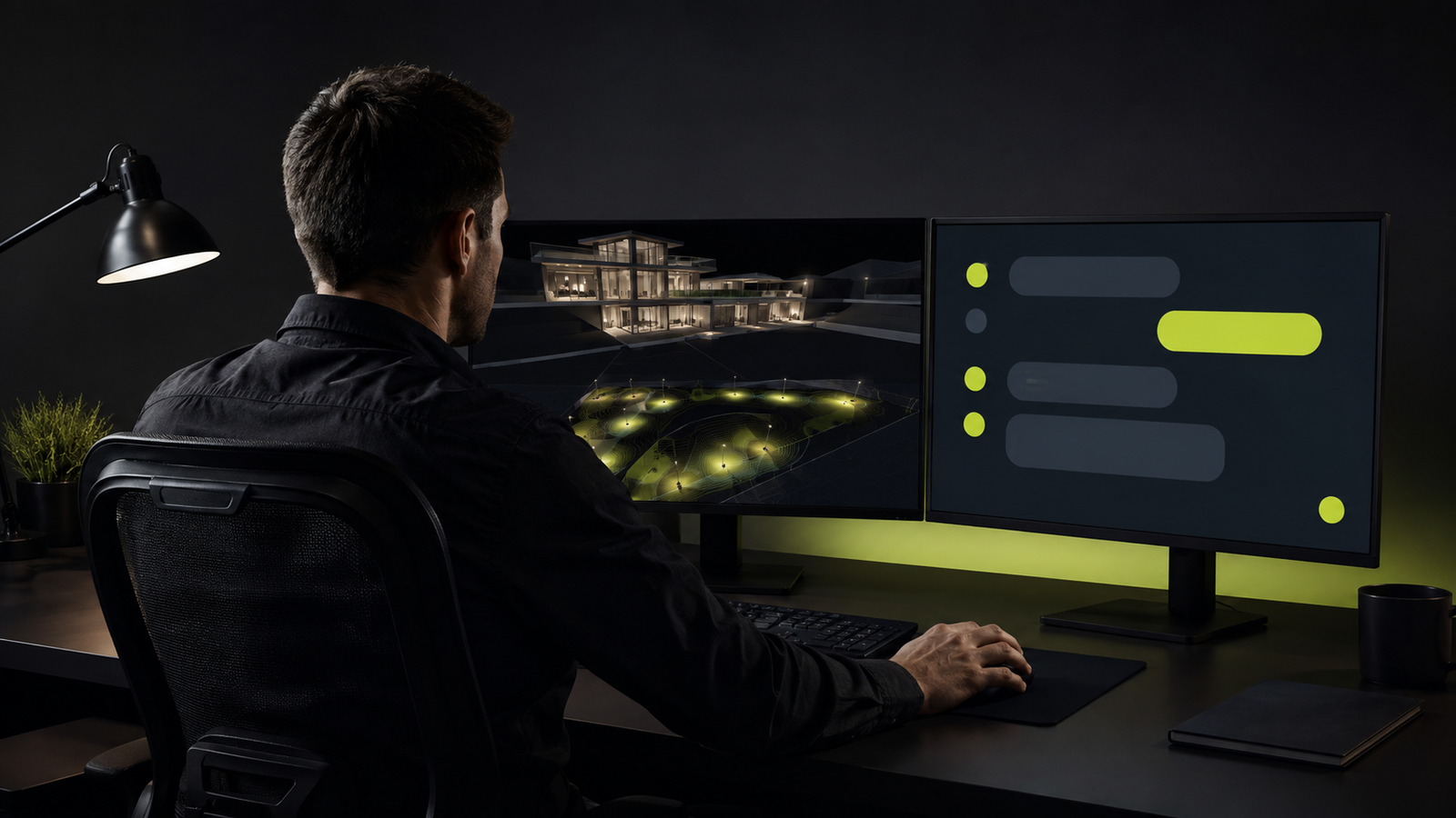 Remote DIALux freelancer using a protected project chat beside a technical lighting model