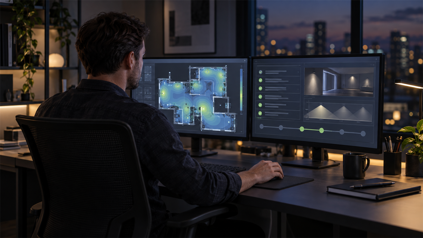 Australia-based remote DIALux freelancer reviewing a photometric plan, staged QA checklist and traceable project record at a dark technical workstation
